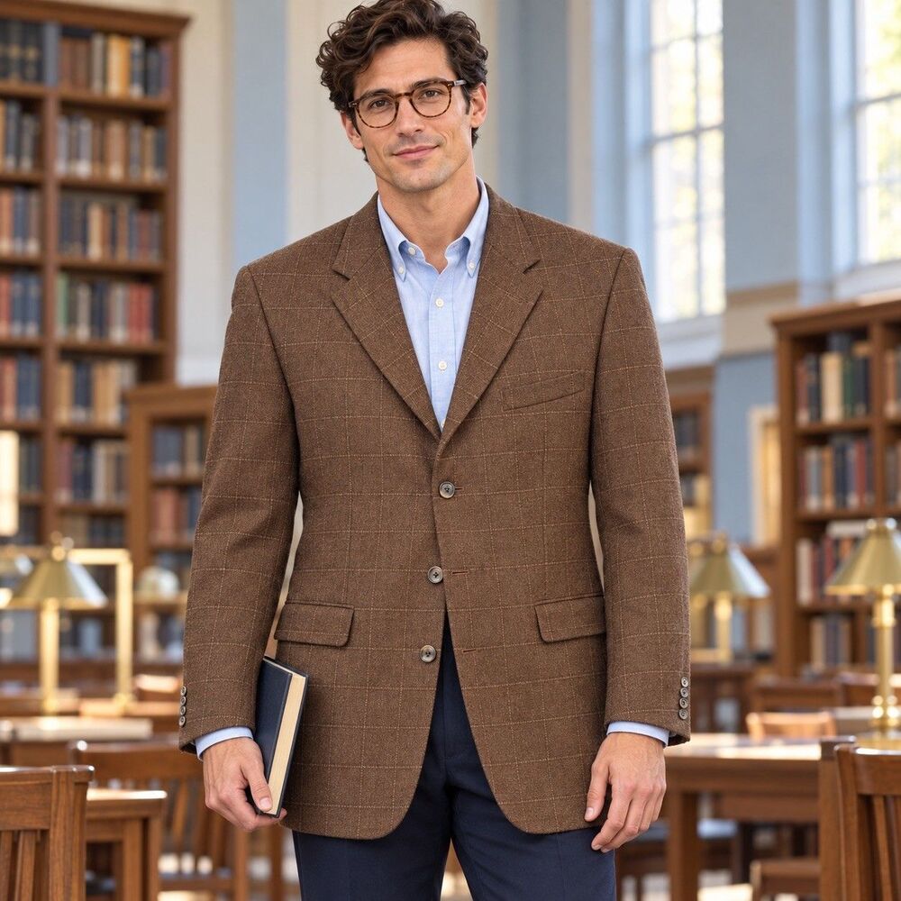 Nautica Men's Sz 42L LambsWool Blend Sport Coat Blazer Brown WindowPane Plaid